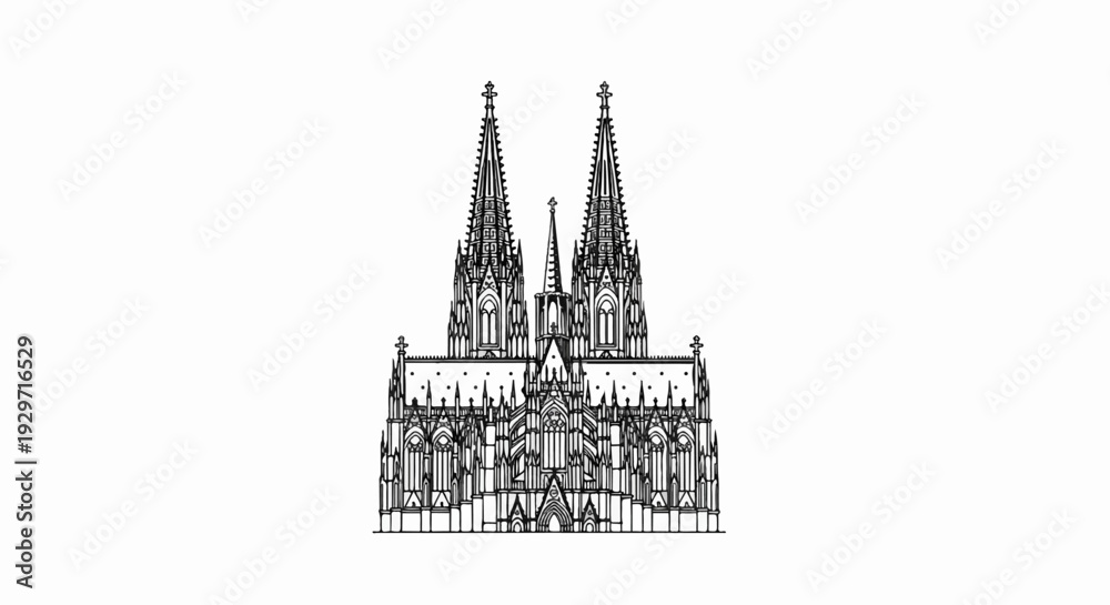 Naklejka premium Detailed line drawing of a grand gothic cathedral with two tall spires