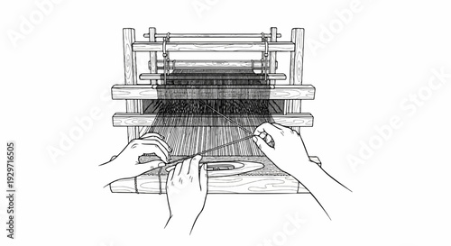 Hands weaving fabric on a wooden loom with intricate threadwork