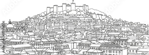 Detailed ink sketch of a historic European city's densely packed buildings, ascending a hill to a castle