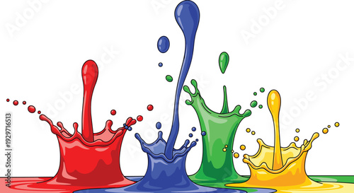 Colorful paint splashes of red blue green and yellow liquids on transparent background for creative design