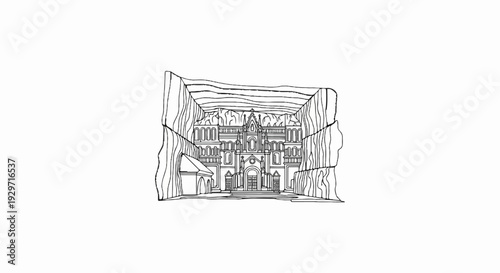 Elaborate facade carved into rock face, intricate architecture, grand entrance