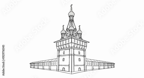 Hand-drawn architectural sketch of a multi-tiered tower with surrounding covered walkways