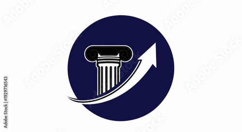 A dark circle contains a Greek column and a white arrow pointing up