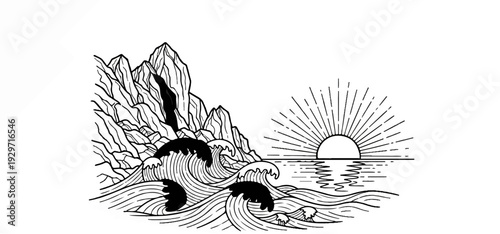 Stylized sun sets over the ocean with dramatic waves crashing against rocky cliffs