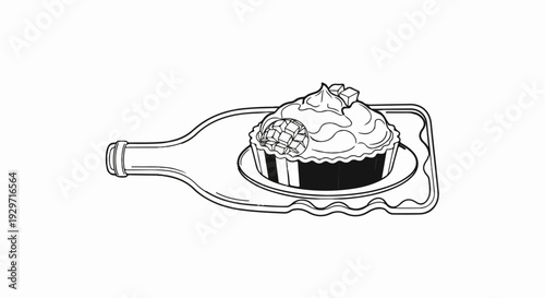 A stylized drawing of a frosted cupcake with cube toppings resting on a bottle's neck