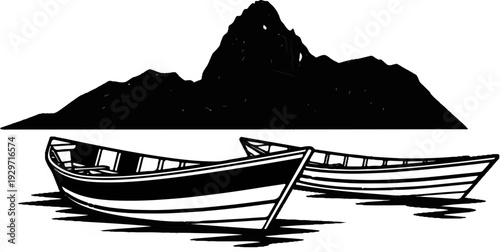 Two boats rest on calm water below a silhouette of jagged mountains