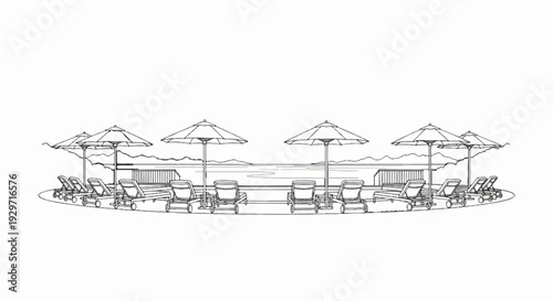 Lounge chairs and umbrellas arranged by a serene body of water with distant hills