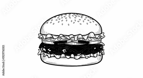 Stylized black and white illustration of a layered hamburger with sesame seeds on bun