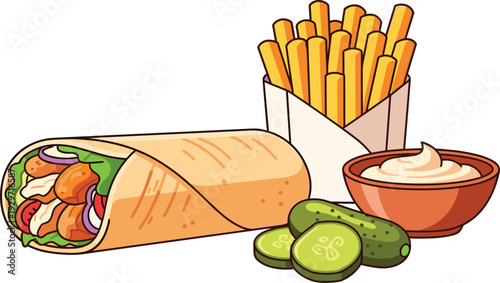 Middle eastern shawarma with french fries bowl of sauce and pickles on transparent background vector design