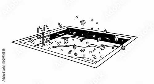 A swimming pool with a ladder is covered in falling autumn leaves and small circles