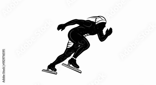 Black and white silhouette of a speed skater in a dynamic pose, wearing a helmet and racing suit