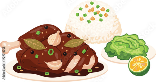 Traditional chicken adobo served with garlic rice plus green salad and calamansi on transparent background