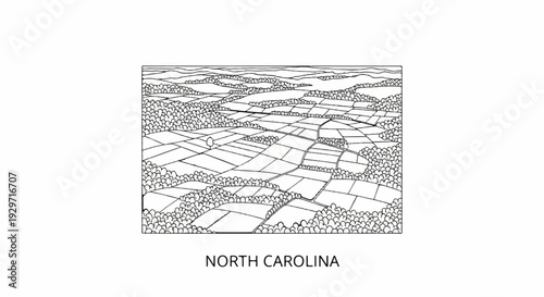 A stylized black and white aerial view of agricultural fields, trees, and hills