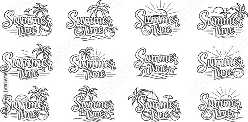 A collection of twelve stylized "Summer Time" emblems featuring tropical elements like palm trees and coconuts