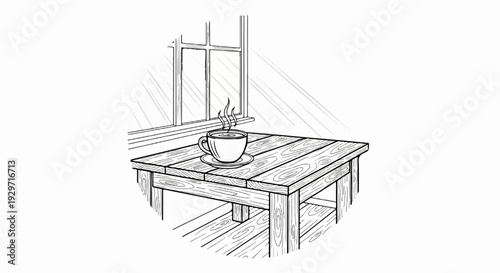 A cup of steaming coffee sits on a wooden table next to a window with sunlight streaming in