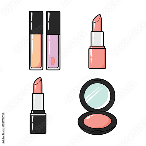Of lip glosses lipsticks and compact mirror in pink and peach tones
