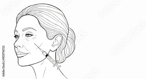 Line art sketch of a woman's face receiving a cosmetic injection