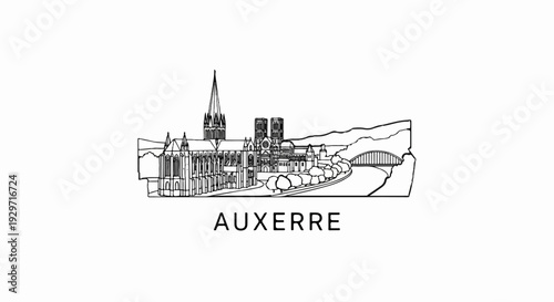 Stylized line art cityscape of Auxerre, featuring a cathedral and bridge