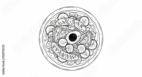A top-down view of a black and white illustration of a nutritious salad with sliced cucumbers and egg