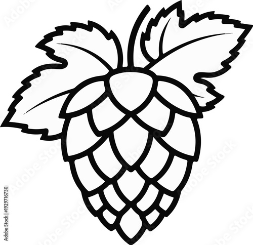 Stylized line art of a hop cone with two leaves and a stem