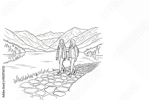 Two women walk along a stone path beside a lake with mountains in the background