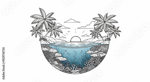 Tropical island paradise at sunset with underwater coral reef