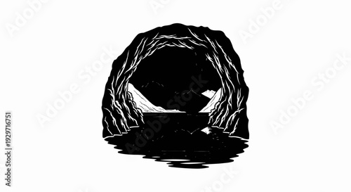 Entrance to a dark cave reveals water, mountains, and a starry night sky