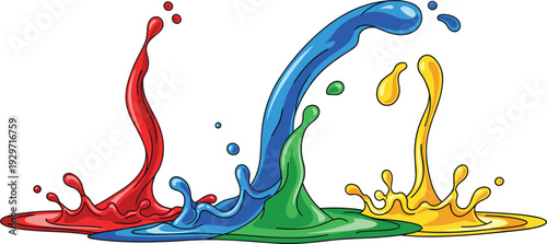 Vibrant primary color liquid splashes of red blue green and yellow isolated on transparent background art
