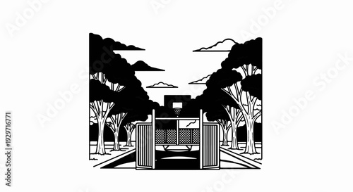 Openspace with trees, gate, basketball hoop, and clouds in sky