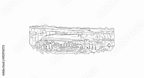 Ancient cliff dwellings carved into a rocky canyon wall, illustrated with black lines