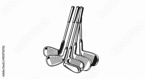 A cluster of five black and white golf clubs arranged closely together