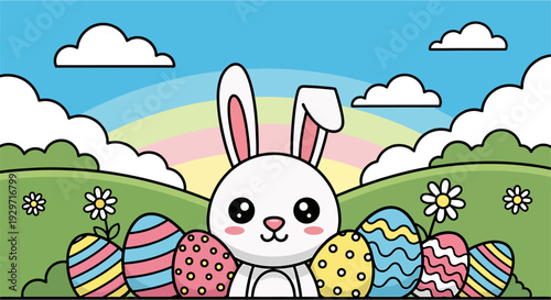 Cute cartoon bunny and eggs Easter background, flat vector style