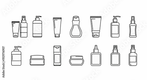 Collection of line art illustrations depicting various cosmetic containers and dispensers