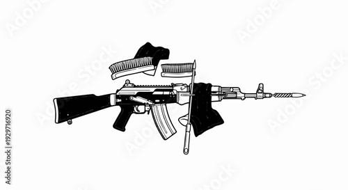 A rifle is disassembled with cleaning tools and fabric