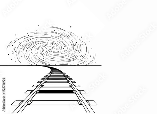 A railway track curves towards a swirling cosmic vortex of dots and lines