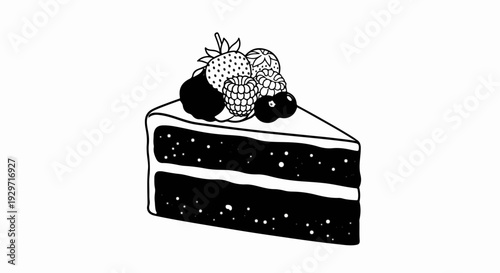 A stylized slice of rich chocolate cake layered with cream, topped with berries