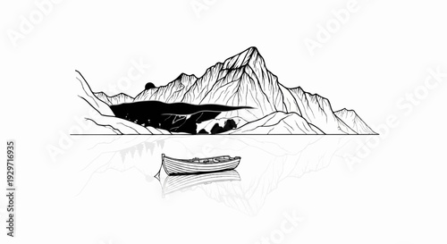 A solitary rowboat rests on a calm body of water before majestic mountains