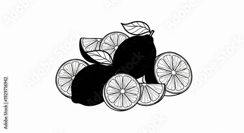 A cluster of dark citrus fruits and their sliced segments with leaves