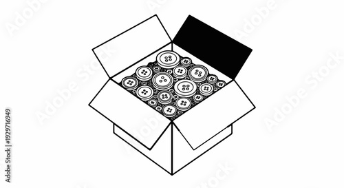 A box filled with a variety of buttons of different sizes, shown in a line drawing