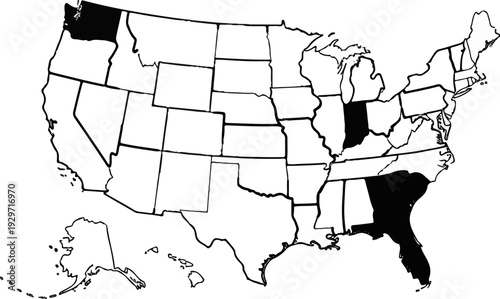 A black and white map of the United States with several states shaded in black