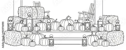 Festive autumnal display with pumpkins, hay bales, rocking chairs, and lanterns