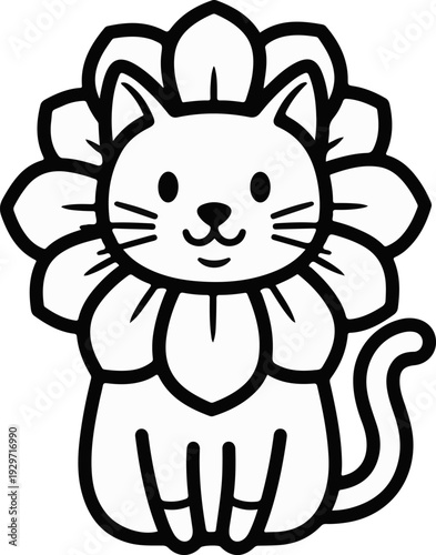 A charming cartoon cat with flower petals adorning its head sits patiently