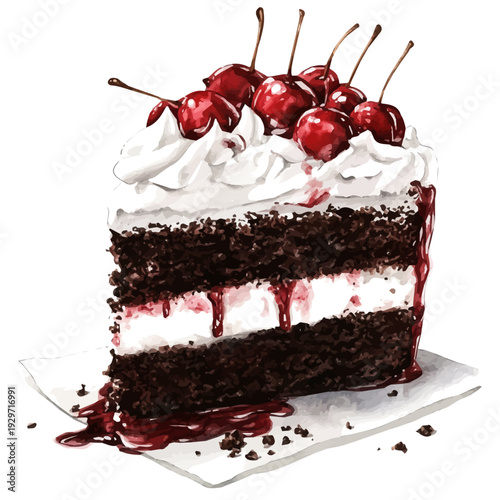 Black Forest Cake, watercolor painting capturing graceful lines and soft blended shades, isolated on a white background.