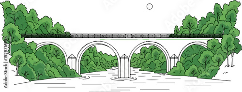 A stone arched bridge spans a river surrounded by lush green trees under a clear sky