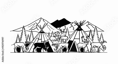 Indigenous camp scene with reindeer and mountains, in a simple line art style