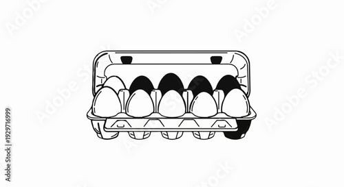 An opened carton with six white and six dark eggs, showing a lined pattern