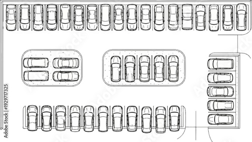 Detailed top-down line drawing of a multi-level parking lot filled with vehicles