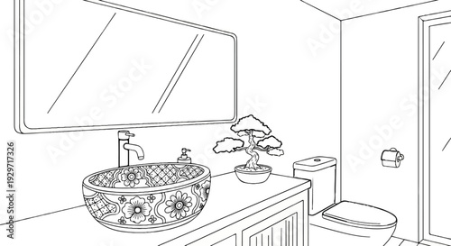 A line drawing of a bathroom with a sink, toilet, and mirror