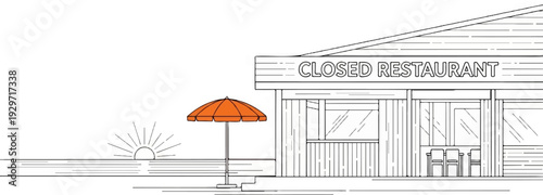 Stylized seaside restaurant with an orange umbrella and a sunset