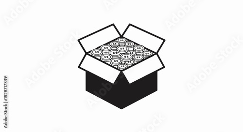 Open box filled with circular objects, some with visible markings